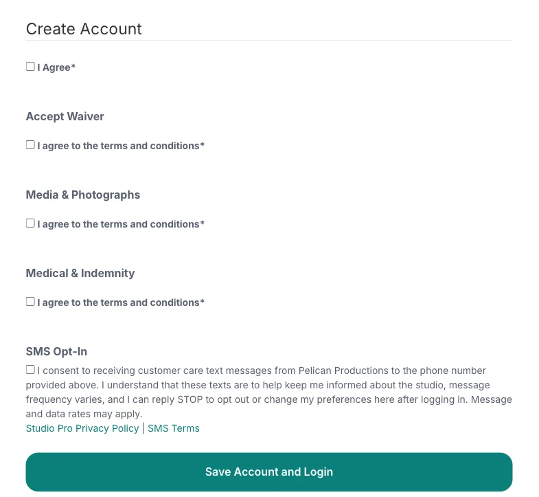 Agreement checkboxes for I Agree, Accept Waiver, Media and Photographs, Medical and Indemnity, and SMS opt-in, above a Save Account and Login button.