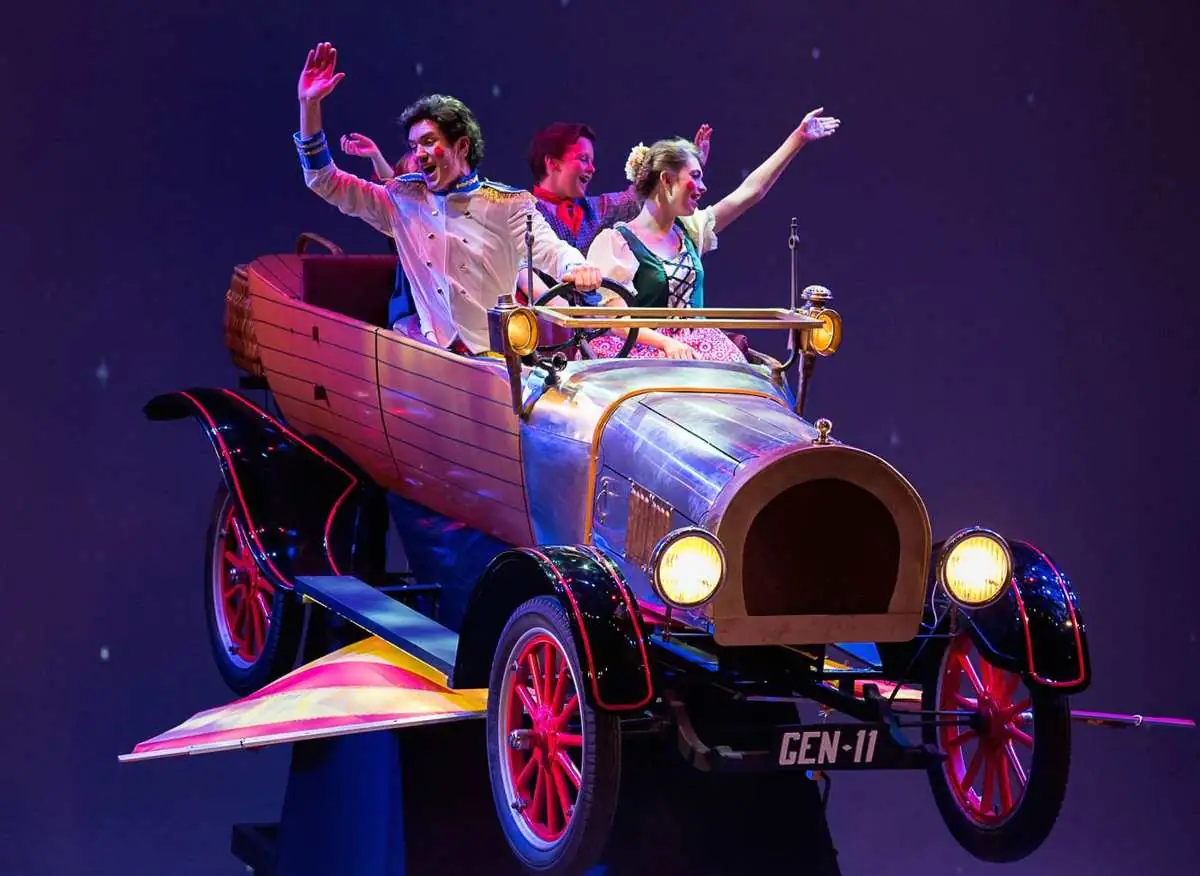 The Chitty car flying on stage in Pelican’s 2015 production